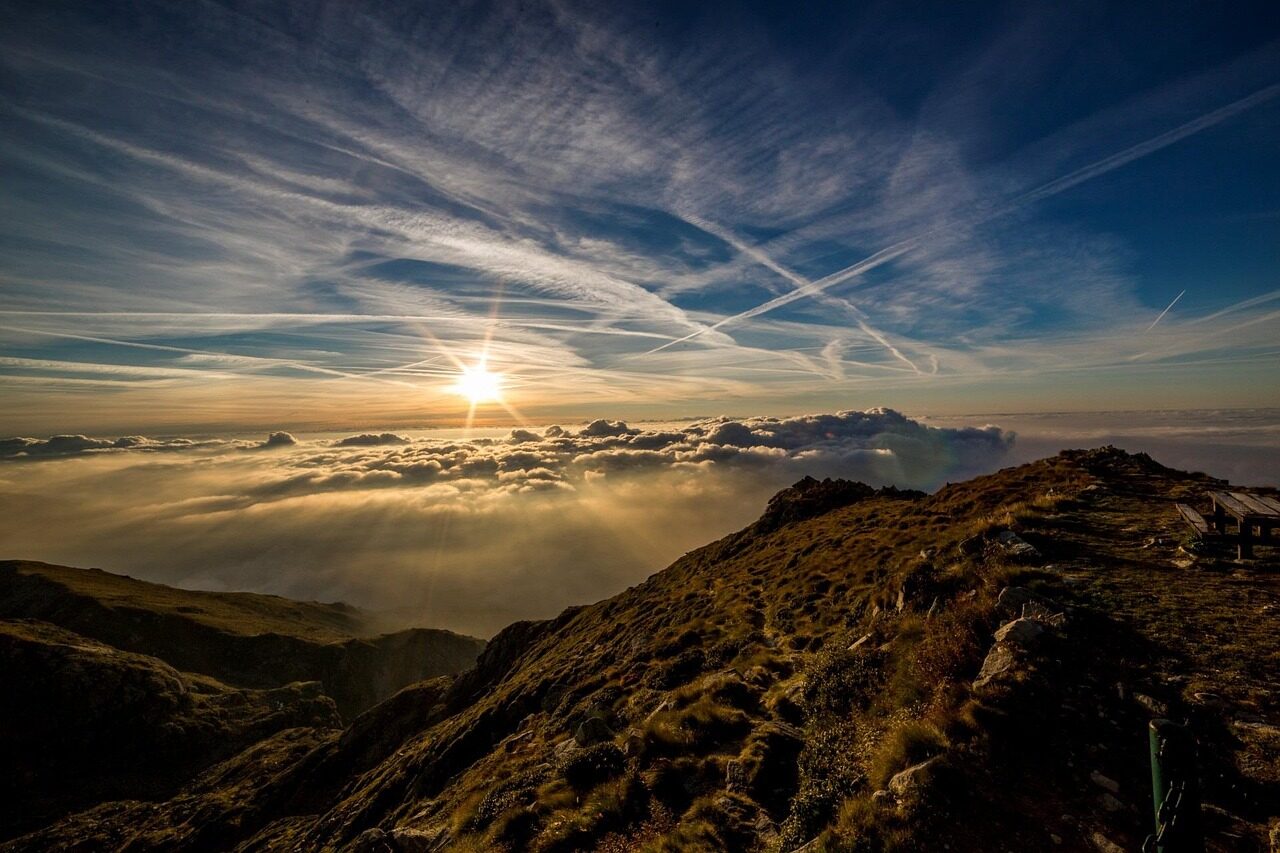 mountains, sun, clouds, peak, summit, sea of clouds, skyscape, mountain range, dawn, landscape, sky, nature, zoom background, mountains, landscape, sky, nature, nature, nature, nature, nature